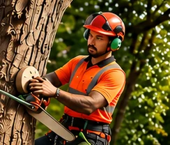 Arborist in hi-vis and helmet cutting a tree trunk with a chainsaw