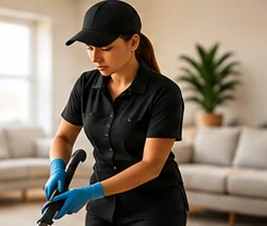 Cleaner in gloves spraying a surface in a tidy living room