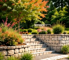 Newly built stone retaining wall and garden steps
