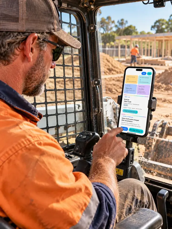 An operator in hi-vis checks TimeBoost Home on a phone mounted in his machine’s cab on an earthworks site, tapping View quote on a quote that changed after acceptance.