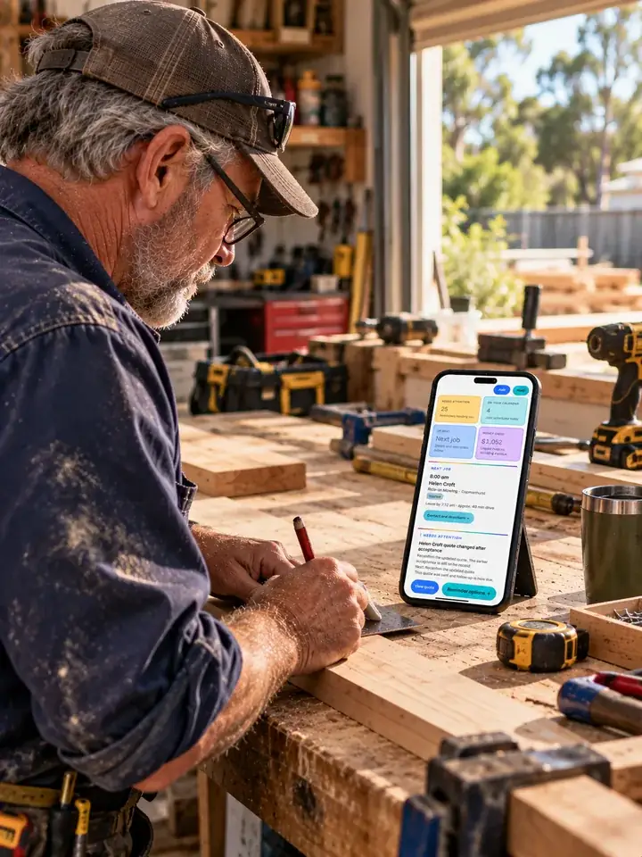 A carpenter marks out timber at his workbench, with TimeBoost Home open on his phone beside him showing reminders needing attention, jobs scheduled today, his next job and money owed.