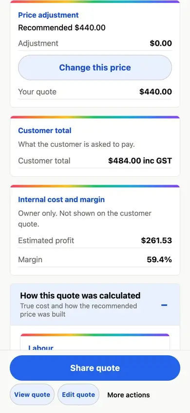 TimeBoost quote ready to share: recommended price $440.00, your quote $440.00, customer total $484.00 inc GST, and the owner-only estimated profit $261.53 and margin 59.4%, with Share quote, View quote and Edit quote.