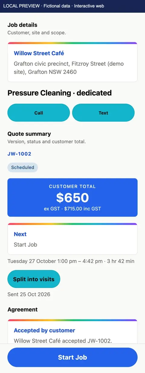 TimeBoost quote JW-1002 for Willow Street Café, marked Scheduled: customer total $650 ex GST, $715 inc GST, next step Start Job, booked for Tuesday 27 October from 1:00 pm to 4:42 pm, with the customer’s acceptance recorded by the owner. Local preview with fictional data.