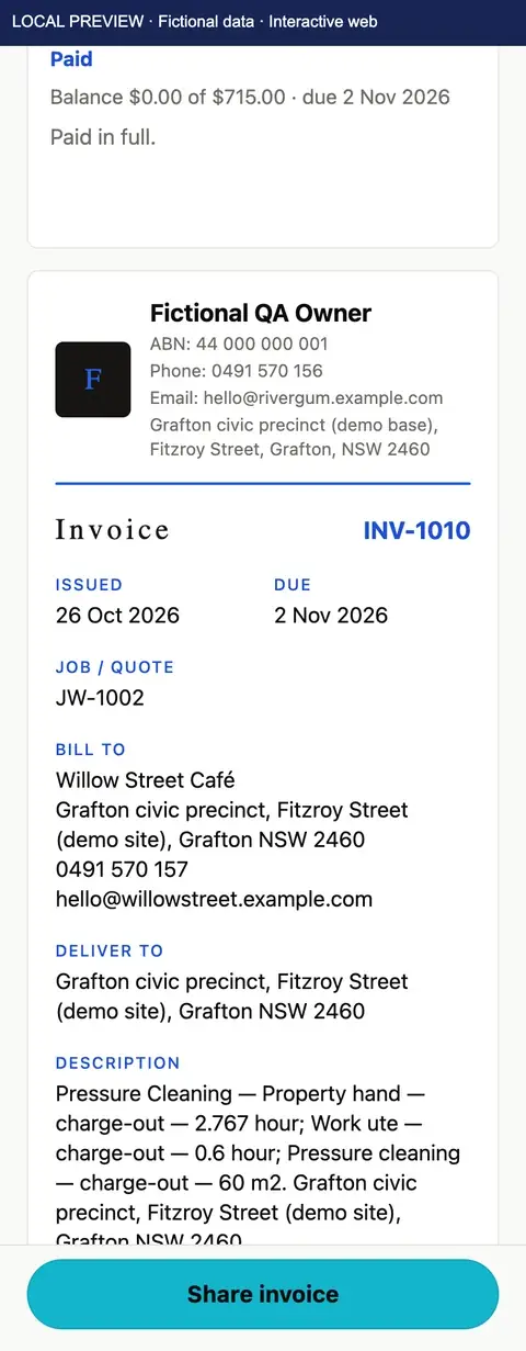 TimeBoost invoice INV-1010 for job JW-1002, Willow Street Café, marked Paid: balance $0.00 of $715.00, issued 26 October 2026, due 2 November 2026. The payment was recorded manually. Local preview with fictional data.