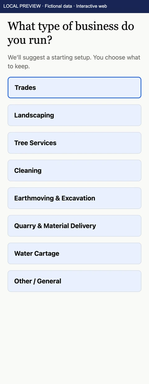 TimeBoost What type of business do you run? screen with Trades selected. Local preview with fictional data.