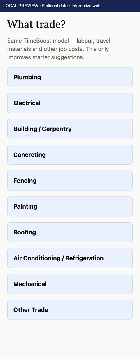 TimeBoost What trade? screen listing plumbing, electrical, building and carpentry, concreting, fencing and other trades. Local preview with fictional data.