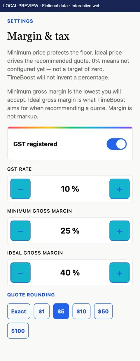 TimeBoost Margin & tax settings: GST registered at 10%, a 25% minimum and 40% ideal gross margin, and quote rounding options. Local preview with fictional data.