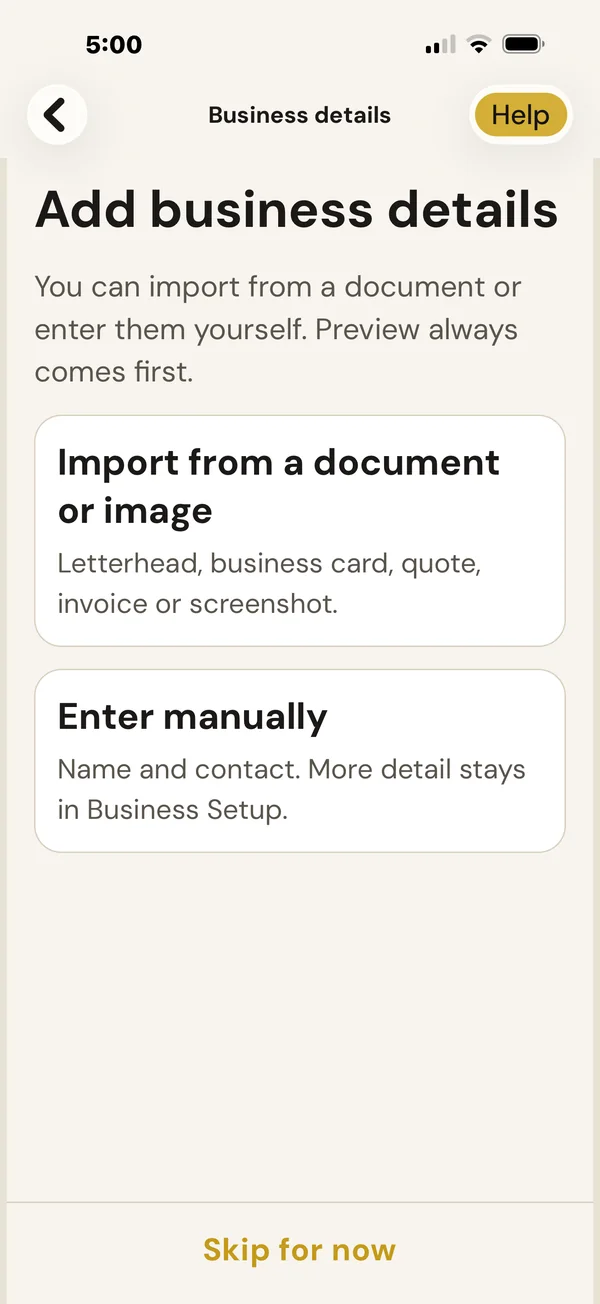 BuzzBrain Time Boost Add business details screen with options to import from a document or image, or enter details manually
