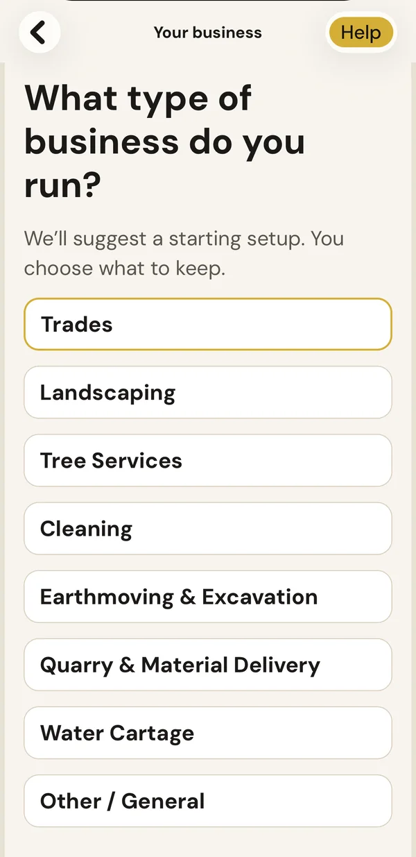 BuzzBrain Time Boost screen asking what type of business you run, with trades, landscaping, tree services, cleaning, earthmoving and excavation, quarry and material delivery, water cartage and other