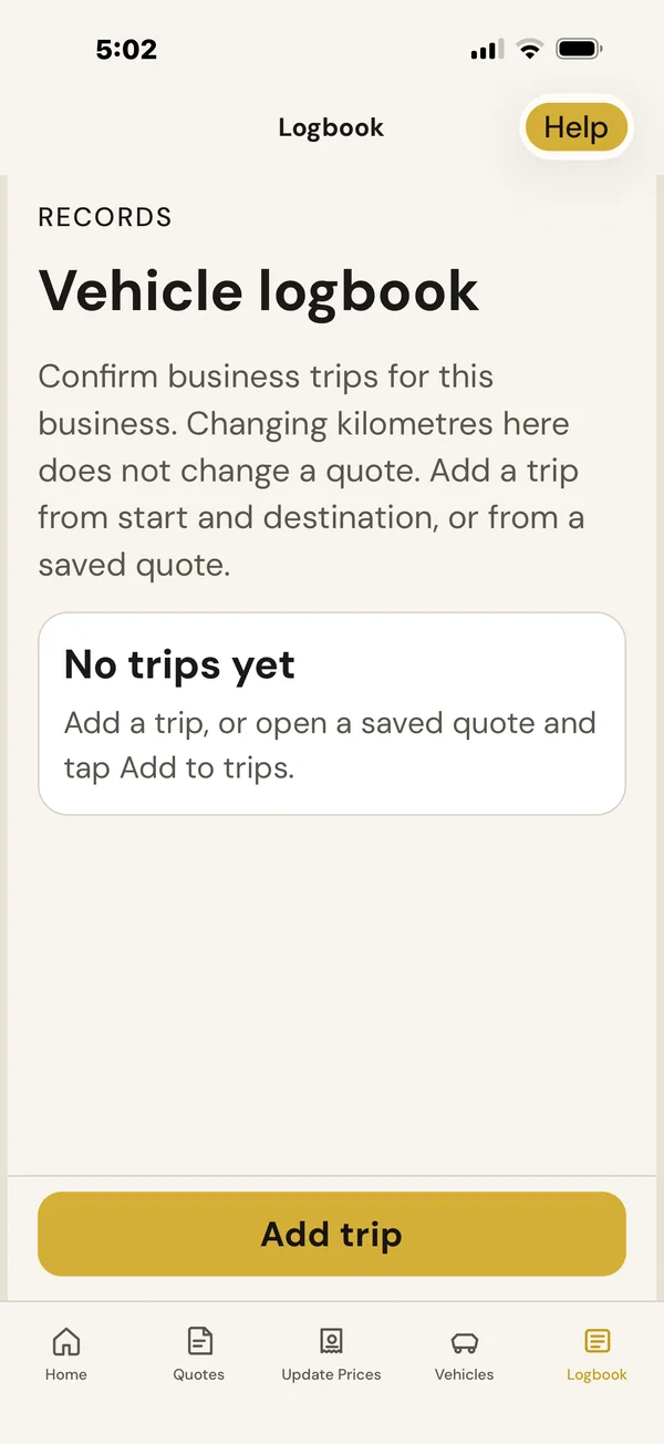 BuzzBrain Time Boost Vehicle logbook screen for confirming business trips, with an Add trip button
