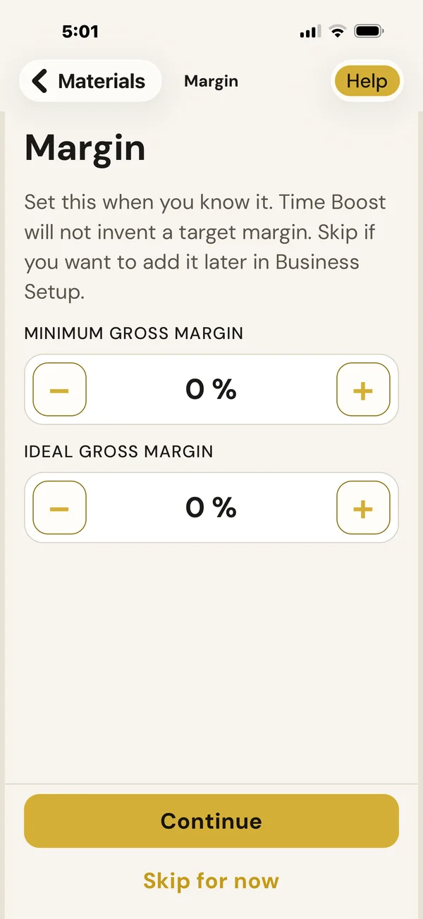 BuzzBrain Time Boost Margin screen for setting minimum and ideal gross margin, with the option to skip for now