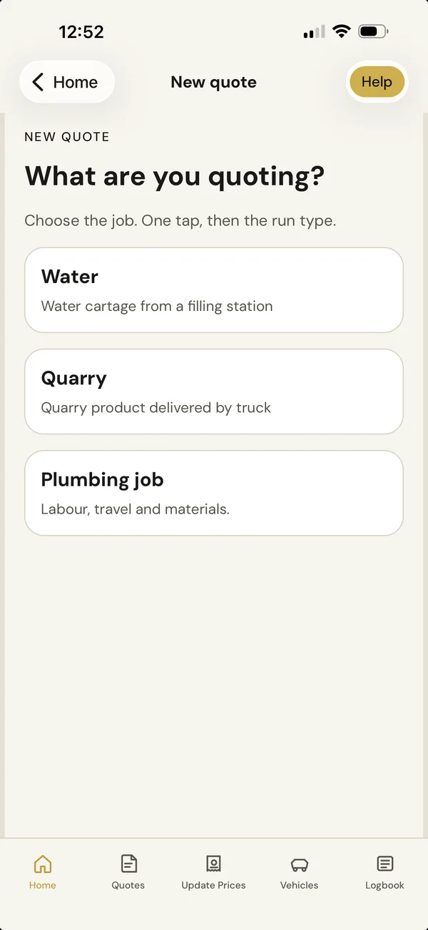 BuzzBrain Time Boost New quote screen asking what you are quoting, with water, quarry and plumbing job types