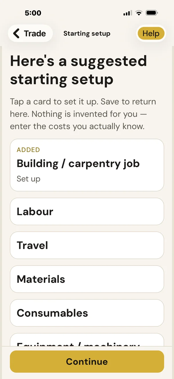 BuzzBrain Time Boost suggested starting setup with a building and carpentry job, labour, travel, materials, consumables and equipment cards