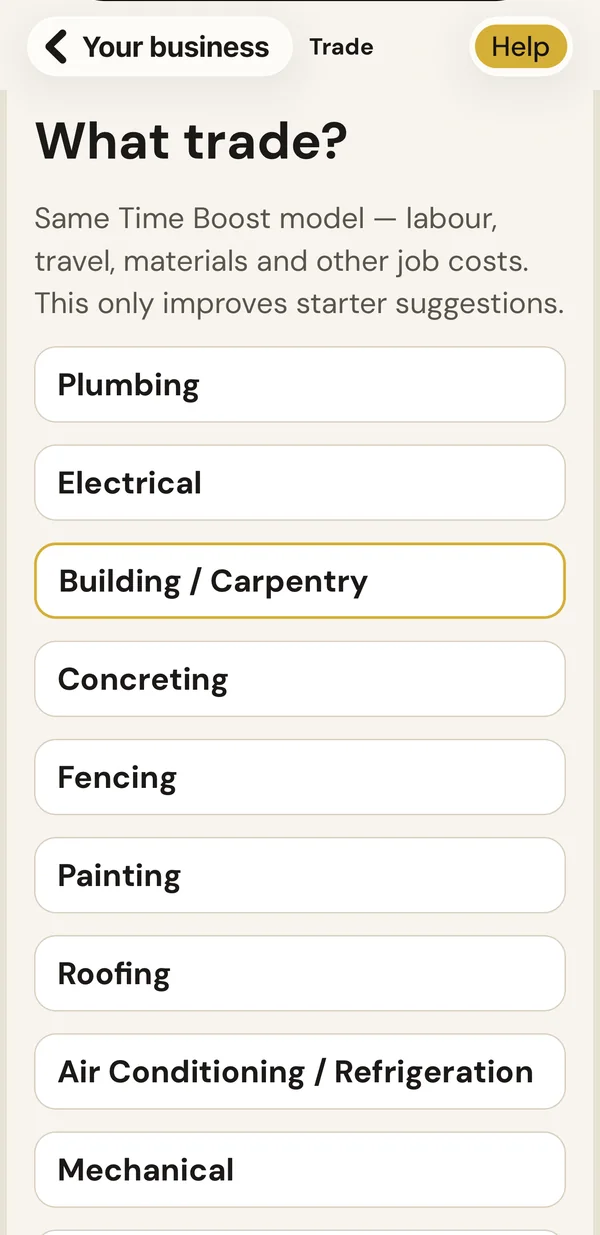 BuzzBrain Time Boost What trade screen listing plumbing, electrical, building and carpentry, concreting, fencing, painting, roofing, air conditioning and refrigeration, and mechanical