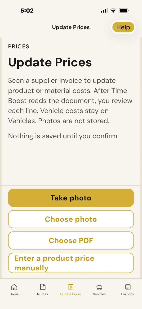 BuzzBrain Time Boost Update Prices screen with options to take a photo, choose a photo or PDF, or enter a product price manually