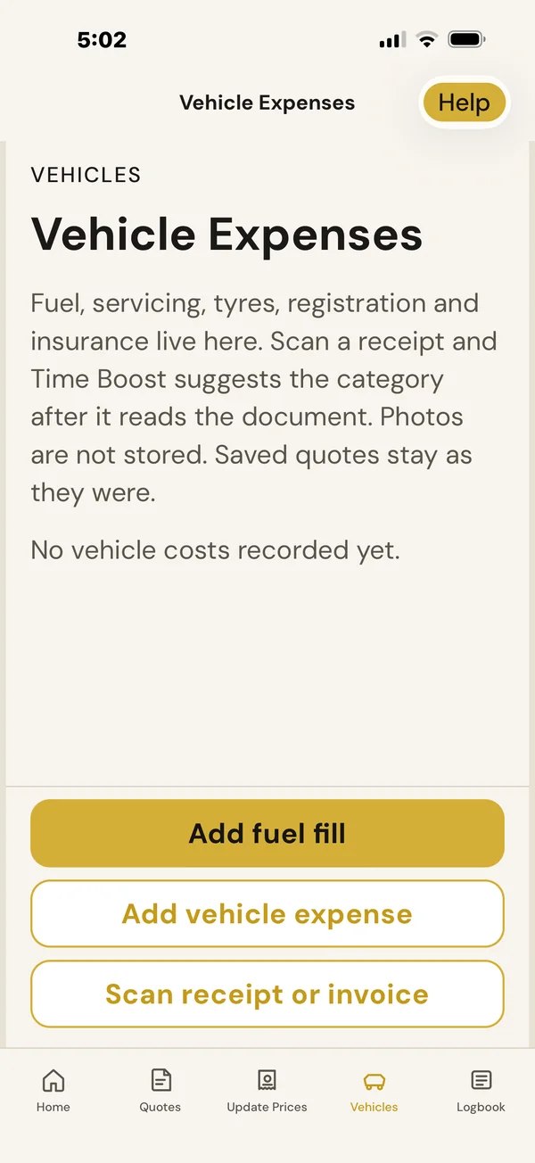 BuzzBrain Time Boost Vehicle Expenses screen with add fuel fill, add vehicle expense and scan receipt options